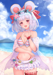Rule 34 | absurdres, animal ears, beach, fake animal ears, granblue fantasy, highres, looking at viewer, mouse ears, navel, red eyes, short hair, skirt, solo, star-shaped eyewear, star (symbol), swimsuit, thigh strap, vikala (granblue fantasy), white hair, white skirt