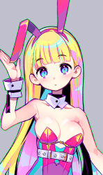 Rule 34 | animal ears, blonde hair, blue eyes, breasts, collar, copyright request, hair ornament, light blush, looking at viewer, multicolored clothes, multicolored eyes, multicolored hair, onono imoko, rabbit ears