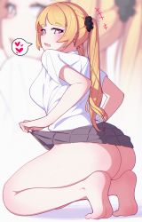 Rule 34 | 1girl, absurdres, ass, barefoot, blonde hair, blush, fang, feet, from behind, heart, heart-shaped pupils, highres, long hair, looking back, no panties, open mouth, original, pink eyes, skin fang, skirt, soles, solo, symbol-shaped pupils, toes, twintails, yao (pixiv9482697)
