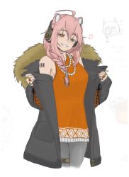 Rule 34 | 1girl, ahoge, animal ears, arknights, barcode, barcode tattoo, black coat, blush, braid, bright pupils, brown eyes, coat, cosplay, cropped legs, dokonjou (odossan), dress, fur-trimmed coat, fur trim, gravel (arknights), grey pantyhose, hair between eyes, head tilt, headphones, implied extra ears, jewelry, long hair, looking at viewer, mouse ears, mouse girl, necklace, open clothes, open coat, orange dress, pantyhose, parted lips, pearl necklace, pink hair, ratatos browntail (arknights), ratatos browntail (arknights) (cosplay), shoulder tattoo, simple background, sleeveless, sleeveless dress, smile, solo, tattoo, white background, white pupils