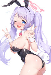 Rule 34 | 1girl, ;d, absurdres, animal ears, ass, bare shoulders, black leotard, blue archive, blue eyes, blush, bow, bowtie, breasts, cleavage, cowboy shot, detached collar, double v, fake animal ears, fake tail, fang, halo, hanae (blue archive), highres, large breasts, leotard, long hair, looking at viewer, one eye closed, open mouth, pink halo, playboy bunny, purple hair, rabbit ears, rabbit tail, red bow, red bowtie, simple background, skin fang, smile, solo, sonao, standing, strapless, strapless leotard, tail, twintails, v, white background, wrist cuffs