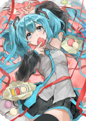 Rule 34 | 1girl, between fingers, black skirt, black thighhighs, blue eyes, blue hair, breast pocket, detached sleeves, eyelashes, feet out of frame, fingernails, food, grey shirt, hair between eyes, hatsune miku, highres, himukai aoi, holding, holding food, long sleeves, looking at viewer, lying, macaron, on back, open mouth, pocket, red ribbon, ribbon, shirt, skirt, solo, thighhighs, twintails, vocaloid, zettai ryouiki