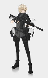 Rule 34 | 1girl, absurdres, assault rifle, blonde hair, chinese robot kid, commentary, earpiece, english text, fingerless gloves, full body, gloves, gun, handgun, highres, holding, holding gun, holding weapon, holster, holstered, original, p416, pistol, rifle, simple background, solo, suppressor, weapon, yellow eyes