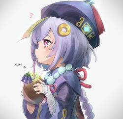 Rule 34 | 1girl, absurdres, akino yoo, bead necklace, beads, blush, coconut, coin hair ornament, dress, drinking, drinking straw, genshin impact, hair ornament, hat, highres, jewelry, jiangshi, necklace, purple dress, purple eyes, purple hair, qingdai guanmao, qiqi (genshin impact), simple background, solo, wide sleeves