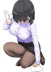 Rule 34 | 1girl, black hair, bra visible through clothes, breasts, brown pantyhose, hair ornament, hair over one eye, hairclip, kaisen chuui, kneeling, large breasts, long sleeves, office lady, original, pantyhose, parted lips, pencil skirt, shirt tucked in, simple background, skirt, solo, white background