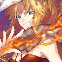 Rule 34 | 1girl, blonde hair, fate/apocrypha, fate/grand order, fate (series), fire, green eyes, kan&#039;yu (citron 82), long hair, looking at viewer, mordred (fate), mordred (fate/apocrypha), mordred (true samadhi fire) (fate), ponytail, smile, solo