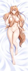 Rule 34 | 1girl, absurdres, animal ears, barefoot, bed, blush, breast tattoo, breasts, brown hair, chest tattoo, cleft of venus, collarbone, completely nude, dakimakura (medium), feet, highres, kimmy77, large breasts, long hair, looking at viewer, lying, navel, nipples, nude, pussy, raccoon ears, raccoon girl, raccoon tail, raphtalia, red eyes, smile, solo, tail, tate no yuusha no nariagari, tattoo