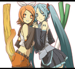 Rule 34 | 2girls, alternate color, alternate eye color, alternate hair color, aqua eyes, aqua hair, bad id, bad pixiv id, detached sleeves, fujii toshiaki, grin, own hands clasped, hatsune miku, kagamine rin, kemonomimi mode, letterboxed, long hair, multiple girls, orange eyes, orange hair, own hands together, smile, spring onion, tail, twintails, very long hair, vocaloid