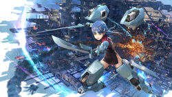 Rule 34 | 1girl, absurdres, alice gear aegis, blue hair, commentary request, dual wielding, floating, floating object, hair ornament, highres, holding, holding sword, holding weapon, mecha musume, mechanical arms, mechanical legs, nagamune yozuki, oborotsuki no regolith: alice gear aegis gaiden, open mouth, pinakes, single mechanical arm, single mechanical leg, slashing, solo, sword, thrusters, weapon, yellow eyes
