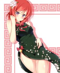 Rule 34 | 10s, 1girl, bell, blush, china dress, chinese clothes, dress, flower, hair flower, hair ornament, jiino, looking at viewer, love live!, love live! school idol festival, love live! school idol project, nishikino maki, purple eyes, red hair, short hair, smile, solo