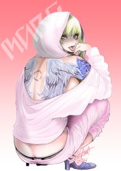 Rule 34 | 1girl, 2021, alternate costume, alternate eye color, ass, back tattoo, blonde hair, breasts, butt crack, capri pants, eyelashes, final fantasy, final fantasy xiv, from behind, full body, gradient background, hand up, high heels, highres, hood, hood up, hyur, long hair, long sleeves, looking back, off shoulder, ooshima ryou, open mouth, pants, piercing, possessed, possession, purple footwear, ryne waters, shiva (final fantasy), sideboob, signature, solo, squatting, tattoo, thong, tongue, tongue out, tongue piercing, whale tail (clothing), white pants, wing tattoo, yellow eyes