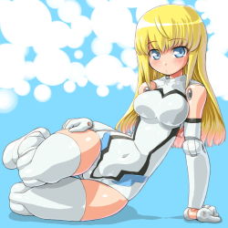 Rule 34 | 10s, 1girl, bad id, bad pixiv id, blonde hair, blue eyes, busou shinki, dd (ijigendd), doll joints, gradient hair, hand on own hip, joints, long hair, lying, mecha musume, mini person, minigirl, multicolored hair, navel, olbern, on side, oorbellen, simple background, solo, thigh gap, thighhighs, wide hips