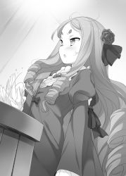 Rule 34 | 1girl, blush, cheat kusushi no slow life, drill hair, elaine (cheat kusushi no slow life), flower, greyscale, hair flower, hair ornament, highres, long hair, long sleeves, looking to the side, matsuuni, monochrome, motion lines, novel illustration, official art, puffy long sleeves, puffy sleeves, slapping, solo, standing, sweatdrop, symbol-shaped pupils, thick eyebrows, very long hair