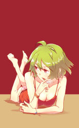 Rule 34 | 1girl, bad id, bad pixiv id, barefoot, bracelet, breasts, camisole, cigarette, cleavage, green hair, highres, jewelry, kazami yuuka, lying, non (z-art), on stomach, panties, red background, red eyes, short hair, simple background, smoking, solo, spaghetti strap, the pose, touhou, underwear, white panties