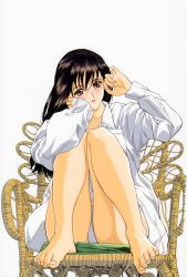 Rule 34 | absurdres, bare legs, barefoot, brown eyes, brown hair, hand on own face, head rest, highres, legs folded, long hair, long sleeves, on chair, original, panties, pantyshot, scan, shirt, simple background, sitting, solo, underwear, white background, white panties, white shirt, yoshizane akihiro