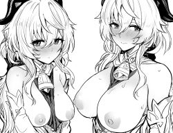 Rule 34 | 2girls, alternate breast size, bell, blush, breasts, closed mouth, commentary request, cowbell, detached sleeves, ganyu (genshin impact), genshin impact, goat horns, greyscale, hair between eyes, highres, horns, large areolae, large breasts, long hair, medium breasts, monochrome, multiple girls, nipples, open clothes, parted lips, sidelocks, simple background, sweat, upanishi mariko, upper body