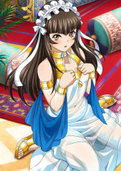 Rule 34 | 1girl, armlet, blunt bangs, blush, bow, bracelet, breasts, brown eyes, brown hair, cleavage, collarbone, dress, hair bow, hair ribbon, ikkitousen, indoors, jewelry, long hair, looking at viewer, open mouth, ribbon, sitting, sleeveless, sleeveless dress, small breasts, solo, straight hair, ten&#039;i (ikkitousen), wariza, white bow, white dress, white ribbon