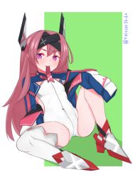 Rule 34 | 1girl, azur lane, commentary, flat chest, full body, hair between eyes, headband, highres, horns, jacket, long hair, mechanical horns, necktie, necktie on mouth, nekokyun, purple eyes, red hair, simple background, single thighhigh, sitting, solo, spread legs, stanly (azur lane), thighhighs, twitter username, white thighhighs