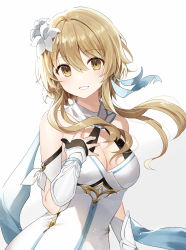 Rule 34 | 1girl, bare shoulders, blonde hair, commentary, detached sleeves, dress, flower, genshin impact, grin, highres, leaning to the side, looking at viewer, lumine (genshin impact), sidelocks, simple background, smile, solo, symbol-only commentary, white background, white dress, white flower, yellow eyes, yon (letter)