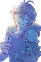 Rule 34 | 1boy, ahoge, armor, bishounen, blue light, breastplate, closed eyes, coffee cup, commentary, commentary request, cowboy shot, cup, disposable cup, granblue fantasy, hair between eyes, highres, holding, holding cup, hood, hood down, light blush, light smile, limited palette, male focus, messy hair, sandalphon (granblue fantasy), short hair, sketch, tekki (tki), upper body, white background