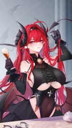 Rule 34 | 1girl, absurdres, ahoge, azur lane, banchiyuebai, bare shoulders, black gloves, black horns, breasts, center frills, clothing cutout, curled horns, demon girl, frills, gloves, heart, heart tail, highres, hindenburg (azur lane), horns, large breasts, looking at viewer, red eyes, red hair, sideboob, tail, underboob cutout
