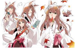 Rule 34 | 1girl, @ @, ahoge, animal ears, blush, book, brown hair, butterfly hair ornament, chibi, closed mouth, covering own mouth, detached sleeves, fox ears, fox girl, fox tail, fumi (nijisanji), hair between eyes, hair ornament, hirai yuzuki, holding, holding book, holding leaf, holding microphone, japanese clothes, leaf, long hair, long sleeves, looking at viewer, maple leaf, microphone, multiple views, music, nijisanji, open mouth, simple background, singing, tail, upper body, virtual youtuber, white background, wide sleeves, yellow eyes