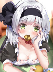 Rule 34 | 1girl, absurdres, alternate costume, black hairband, blush, breasts, cleavage, face, food in mouth, green eyes, grey hair, hairband, hand on own face, highres, konpaku youmu, looking at viewer, maid, shirotsuki shirone, short hair, short sleeves, solo, touhou