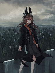 Rule 34 | 1girl, animal, black jacket, black shirt, black skirt, black wings, brown eyes, brown hair, bug, butterfly, chihuri, closed mouth, cloud, cloudy sky, collared shirt, feathered wings, field, flower, flower field, hair between eyes, hair flower, hair ornament, head wings, highres, insect, jacket, lavender quartz, long hair, long sleeves, looking at viewer, open clothes, open jacket, outdoors, overcast, reflection, rose, shirt, skirt, sky, solo, standing, torabishi lana, white flower, white rose, wings