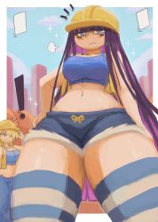 Rule 34 | !, 2girls, absurdres, black hair, blonde hair, blue eyes, blue pants, blue shirt, blue shorts, blue thighhighs, blush, breasts, building, cloud, collarbone, construction worker, grin, hair over one eye, hand on own hip, hard hat, hat, helmet, highres, large breasts, long hair, midriff, multicolored hair, multiple girls, navel, pants, panty &amp; stocking with garterbelt, panty (psg), pink hair, puff of air, shirt, shorts, sky, skyscraper, smile, sparkle, standing, stocking (psg), striped clothes, striped thighhighs, tank top, teeth, thick thighs, thighhighs, thighs, tony welt, two-tone hair, vest, yellow hat, yellow vest
