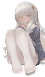 Rule 34 | 1girl, absurdres, blue dress, blush, closed mouth, colored eyelashes, commentary request, dokomon, dress, girls&#039; frontline, grey eyes, grey hair, hand up, highres, knees up, long sleeves, looking at viewer, no shoes, pantyhose, ribeyrolles (girls&#039; frontline), shadow, simple background, sitting, sleeves past wrists, soles, solo, toes, white background, white pantyhose, wide sleeves