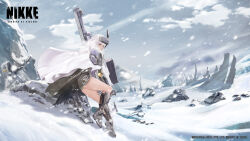Rule 34 | 1girl, absurdres, anti-materiel rifle, artist request, barcode, blizzard, cloak, closed mouth, from side, full body, goddess of victory: nikke, gun, hand on weapon, headwear request, highres, medium hair, mountain, official art, rifle, rock, sitting, sniper rifle, snow, snow white (nikke), solo, weapon, white cloak, white hair, wreckage, yellow eyes