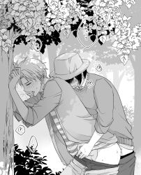 Rule 34 | 2boys, blush, closed eyes, clothes pull, greyscale, hat, highres, jacket, long sleeves, male focus, male underwear, mello79, monochrome, multiple boys, pants, pants pull, penis, sex, sex from behind, shirt, short hair, spy x family, striped clothes, striped shirt, sweater, twilight (spy x family), underwear, yaoi, yuri briar