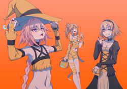 Rule 34 | 1boy, 2girls, absurdres, alternate costume, astolfo (fate), blonde hair, blue eyes, blue headwear, blue skirt, blush, bottomless, bow, braid, breasts, cleavage, collarbone, fate/apocrypha, fate/grand order, fate (series), green eyes, grey hair, hair between eyes, hair bow, hair ribbon, halloween, hat, hej (pixiv13035031), highres, jeanne d&#039;arc (fate), jeanne d&#039;arc (ruler) (fate), long hair, looking at another, looking at viewer, medium breasts, midriff, miniskirt, mordred (fate), mordred (fate/apocrypha), multiple boys, multiple girls, navel, orange background, ponytail, purple eyes, ribbon, simple background, single braid, skirt, trap