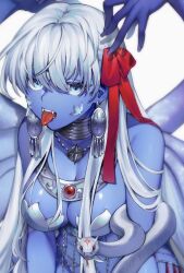 Rule 34 | armor, belly chain, bikini armor, blue eyes, blue skin, breasts, choker, cleavage, close-up, colored skin, facial mark, fangs, fate/grand order, fate (series), flower, hair between eyes, highres, jewelry, kali (fate), large breasts, large earrings, long hair, looking at viewer, lotus, metal bracelet, neck ring, necklace, red ribbon, revealing clothes, ribbon, shane 7777777, snake, tongue, tongue out, white background, white hair, white snake