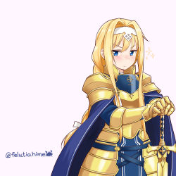 Rule 34 | 1girl, alice zuberg, angry, armor, blonde hair, blue cape, blue eyes, blush, braid, breastplate, cape, commentary request, felutiahime, frown, gauntlets, gold armor, hair intakes, hairband, highres, holding, long hair, long sleeves, looking at viewer, ribbon, shoulder armor, simple background, solo, sparkle, sword, sword art online, twitter username, v-shaped eyebrows, very long hair, weapon, white hairband, white ribbon, yellow armor