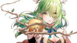 Rule 34 | 1girl, absurdres, antlers, apple, braid, braided bangs, branch, breasts, ceres fauna, cleavage, fingerless gloves, flower, food, fruit, gloves, golden apple, green hair, green nails, hair flower, hair ornament, highres, holding, hololive, hololive english, horns, leaf, long hair, looking at viewer, mole, mole under eye, nail polish, simple background, single braid, solo, somebody (leiking00), virtual youtuber, white background, yellow eyes
