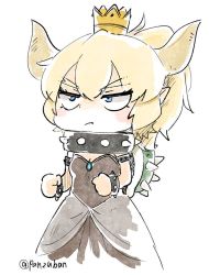 Rule 34 | 1girl, :/, blue eyes, bowsette, bracelet, chibi, clenched hands, collar, commentary request, dress, fang, horns, jewelry, mario (series), new super mario bros. u deluxe, nintendo, panzuban, pout, simple background, solo, spiked bracelet, spiked collar, spikes, super crown, turtle shell, twitter username, v-shaped eyebrows, white background