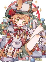 Rule 34 | 1boy, animal ears, arknights, bag, bare legs, bell, blush, cabbie hat, christmas, christmas tree, coat, feet out of frame, flower, flower-shaped pupils, fur-trimmed coat, fur trim, green eyes, green hat, green shorts, hat, hat flower, highres, leonhardt (arknights), leonhardt (hope cruise) (arknights), looking at viewer, male focus, official alternate costume, orange hair, ornament, pixelated, rabbit ears, red flower, red rose, red vest, rose, saucer (saucer752), short hair, shorts, simple background, smile, solo, sparkle, star (symbol), symbol-shaped pupils, thighhighs, two-tone headwear, vest, white background, white coat, white hat