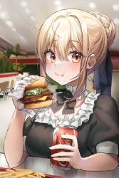Rule 34 | 1girl, :t, absurdres, alternate costume, archived source, artoria pendragon (all), artoria pendragon (fate), bad id, bad twitter id, black bow, black bowtie, black dress, blurry, blurry background, bow, bowtie, breasts, brown eyes, burger, can, choker, coca-cola, collarbone, dress, drink can, eating, eyelashes, fate/hollow ataraxia, fate (series), food, food on face, french fries, frilled choker, frilled dress, frills, hair between eyes, hair bun, hand up, highres, holding, indoors, looking at viewer, maid, medium breasts, nagul, puffy short sleeves, puffy sleeves, saber alter, short sleeves, sidelocks, sitting, soda can, solo, upper body