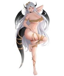 Rule 34 | arm behind head, breasts, choker, crown, demon wings, dragon girl, dragon horns, dragon tail, halloween, horns, large breasts, luna (epic seven), mummy costume, navel, red eyes, tail, wings