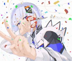 Rule 34 | 1girl, aqua pupils, blue eyes, blunt bangs, blurry, blurry foreground, cevio, commentary request, confetti, covered mouth, covering own mouth, diamond hair ornament, foreshortening, grey hair, hair over shoulder, half-closed eyes, hand over own mouth, hands up, head tilt, highres, holding, holding scissors, hood, hood down, jacket, kafu (cevio), kamitsubaki studio, kosai atari, long hair, long sleeves, looking at viewer, low twintails, multicolored clothes, multicolored eyes, multicolored jacket, nekoze to fanfare (cevio), purple eyes, scissors, simple background, solo, song name, tearing up, turtleneck, twintails, upper body, v, white background, white jacket