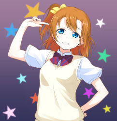 Rule 34 | 10s, 1girl, blue eyes, bow, bowtie, brown hair, gradient background, grin, hair bow, hand on own hip, highres, kosaka honoka, looking at viewer, love live!, love live! school idol project, nanotsuki, one side up, orange hair, pointing, pointing at self, school uniform, short hair, short sleeves, side ponytail, smile, solo, star (symbol), starry background, striped bow, striped bowtie, striped clothes, striped neckwear, sweater vest, upper body, yellow bow