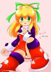 Rule 34 | 1girl, android, blonde hair, blush, breasts, capcom, commentary request, dress, green eyes, hair between eyes, hair ribbon, hand on own chest, high ponytail, highres, long hair, looking at viewer, mega man (classic), mega man (series), mega man 8, open mouth, orangehamu, panties, pantyshot, ponytail, red dress, ribbon, roll (mega man), sidelocks, sitting, small breasts, solo, underwear