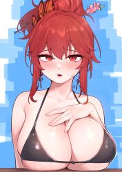 Rule 34 | 1girl, absurdres, bare shoulders, bikini, black bikini, blush, breast rest, breasts, cleavage, collarbone, commentary request, earrings, flower, hair between eyes, hair bun, hair flower, hair ornament, hair stick, halterneck, hand on own chest, highres, huge breasts, jewelry, korean commentary, long hair, looking at viewer, novelpia, open mouth, red eyes, red hair, sangobob, skindentation, smile, solo, string bikini, swimsuit, upper body