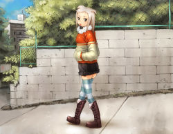 Rule 34 | 1girl, :p, animal ears, boots, building, female focus, fence, full body, hands in pockets, jacket, looking at viewer, nature, outdoors, sky, solo, striped clothes, striped thighhighs, thighhighs, tongue, tongue out, walking, white hair
