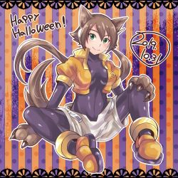Rule 34 | 1girl, 2019, absurdres, adapted costume, aile (mega man zx), alternate color, animal ears, animal hands, blush, bodystocking, bracelet, breasts, brown hair, claws, dated, gloves, green eyes, hair between eyes, happy halloween, highres, himurororo, jewelry, layered sleeves, long hair, long sleeves, mega man (series), mega man zx, mega man zx advent, pantyhose, pantyhose under shorts, ponytail, robot ears, short over long sleeves, short sleeves, shorts, simple background, sitting, smile, solo, spandex, wolf ears, wolf girl, wolf paws