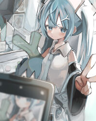 Rule 34 | 1girl, :o, aqua eyes, aqua hair, aqua necktie, artist name, black sleeves, blush, blush stickers, cellphone, cellphone photo, collared shirt, commentary, crane game, detached sleeves, figure, food-themed hair ornament, foreshortening, grey shirt, hair ornament, hatsune miku, highres, holding, holding stuffed toy, long hair, looking at viewer, necktie, parted bangs, phone, shirt, smartphone, solo, spring onion, spring onion hair ornament, stuffed toy, taking picture, twintails, upper body, v, vocaloid, wide sleeves, yuta 2341