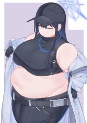 Rule 34 | 1girl, absurdres, alternate body size, bare shoulders, baseball cap, belly, belt, bifizu&#039;s gold, black belt, black hair, blue archive, blue eyes, blue hair, blue halo, border, breasts, coat, cowboy shot, fat, gloves, hair between eyes, halo, hand on own hip, hat, highres, large breasts, long hair, long sleeves, midriff, navel, open clothes, open coat, outside border, parted lips, purple background, saori (blue archive), sidelocks, simple background, sleeveless, solo, sweat, taut clothes, thick arms, thick thighs, thighs, tsurime, white border