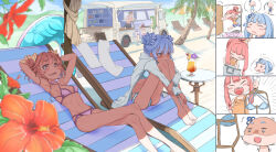Rule 34 | 1boy, 5girls, absurdres, alternate costume, angry, armpits, arms behind head, arms up, barefoot, beach, beach chair, bikini, blue bikini, blue bow, blue hair, blue nails, bow, breasts, brown hair, comic, commentary request, criss-cross halter, crossed legs, double bun, faceless, faceless male, food truck, furrowed brow, green hair, hair bow, hair bun, hair intakes, halterneck, highres, hip bones, hugging own legs, innertube, jacket, knees up, kotonoha akane, kotonoha aoi, long sleeves, looking at another, looking away, multiple girls, open clothes, open jacket, open mouth, opening door, otomachi una, palm tree, pink hair, purple bikini, reclining, red eyes, ribs, shade, sharp teeth, shiratama (siratama5656), siblings, sidelocks, silent comic, sisters, sitting, skinny, small breasts, smirk, swim ring, swimsuit, teeth, thick eyebrows, thought bubble, touhoku kiritan, touhoku zunko, towel, tree, tropical drink, turn pale, vocaloid, voiceroid, white jacket, yellow bow