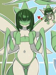 Rule 34 | 1girl, arthropod girl, bandeau, chibi, chibi inset, closed mouth, colored skin, covered eyes, cowboy shot, creatures (company), cropped, facing viewer, female focus, flat chest, furry, furry female, game freak, gen 1 pokemon, gluteal fold, green bandeau, green hair, green panties, green skin, hair over eyes, hands up, happy, heart, joints, multicolored skin, multiple views, navel, nintendo, open mouth, outline, panties, peach-cup, personification, pokemon, pokemon (creature), scyther, short hair, sidelocks, smile, standing, stomach, straight-on, two-tone skin, underwear, white outline, white skin, wings